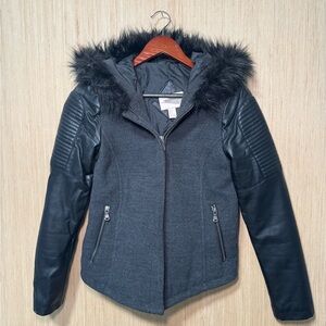 Forever 21 Size S Jacket with Faux Fur Hood Faux Leather Sleeves